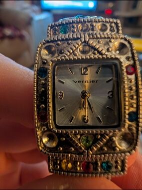 Vintage Vernier Bejeweled Silver-Tone Quartz Watch Cuff Link With Brand New Batt